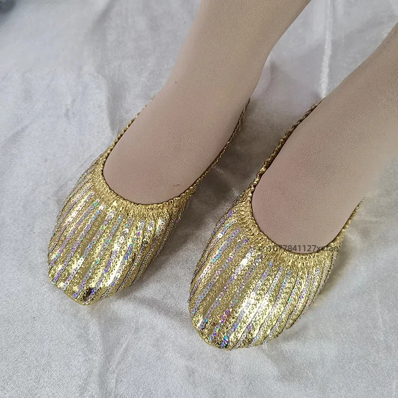 Sapatos de dança do ventre com brilho dourado sola macia desempenho sapatos femininos planos palco dança do ventre prática trajes desempenho