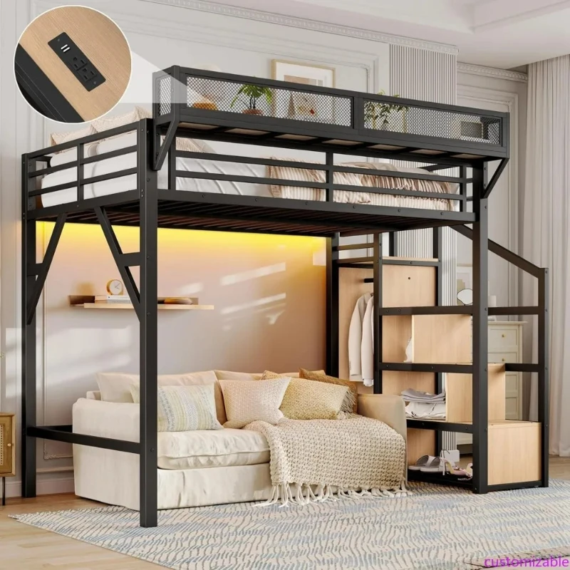 Twin XL Metal Loft Bed with Storage Stairs, Side Shelf, Wardrobe, USB Ports, and LED Lighting