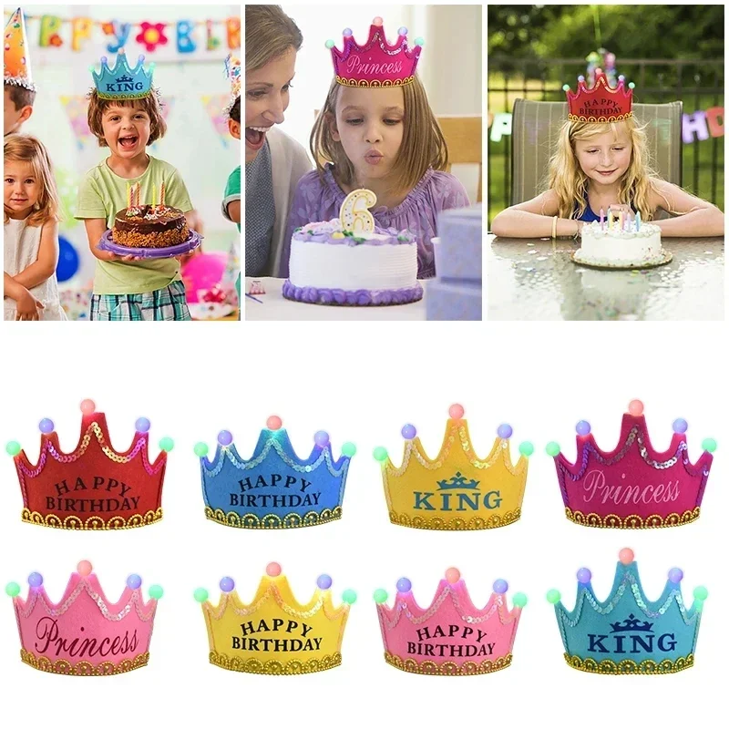 Happy Birthday Glowing Hats LED Light King Princess Crown Headband for Girls Boys Birthday Party Decoration Baby Shower Supplies