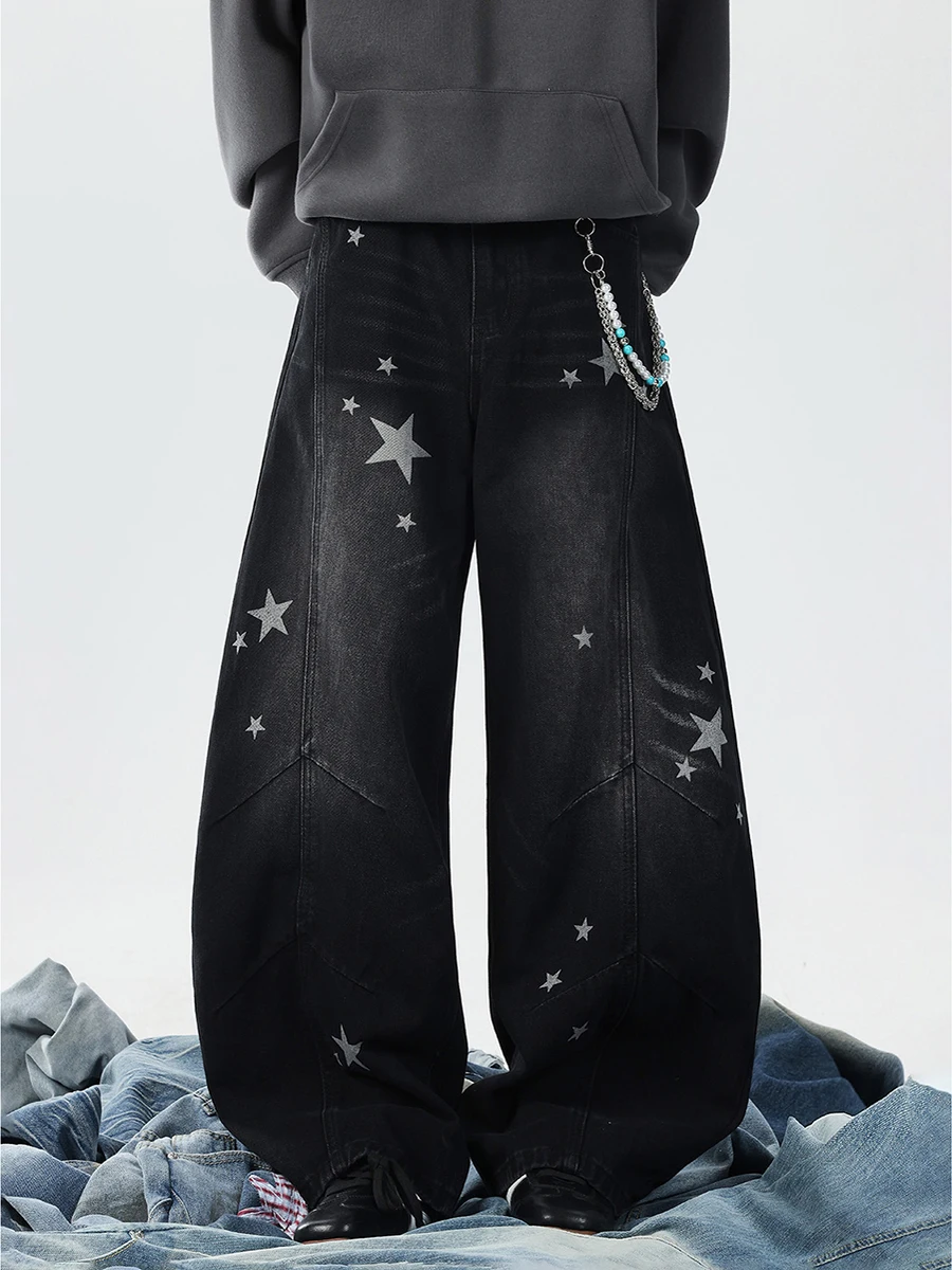 

Джинсы с завышенной талией, мужские осенние модные брендовые широкие брюки со звездным принтом, американские ретро деконструированные прямые длинные брюки