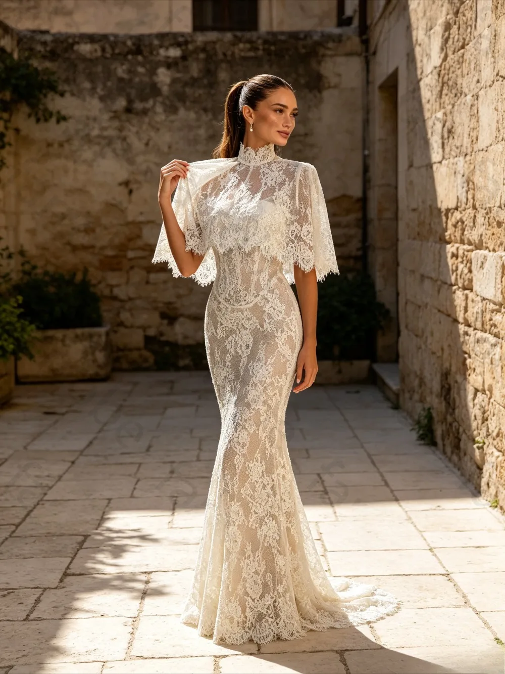 Customized 2026 High Neck Lace Wedding Dress Short Sleeve Detachable Cape  Mermaid Bridal Gown with Train Elegant Romantic