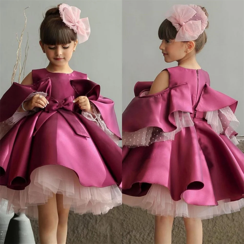 Customized Flower Girl Dress Dearin Shoulder Girdle Ball Gown Mini Length Skirts Bows Draped Tulle Dresses