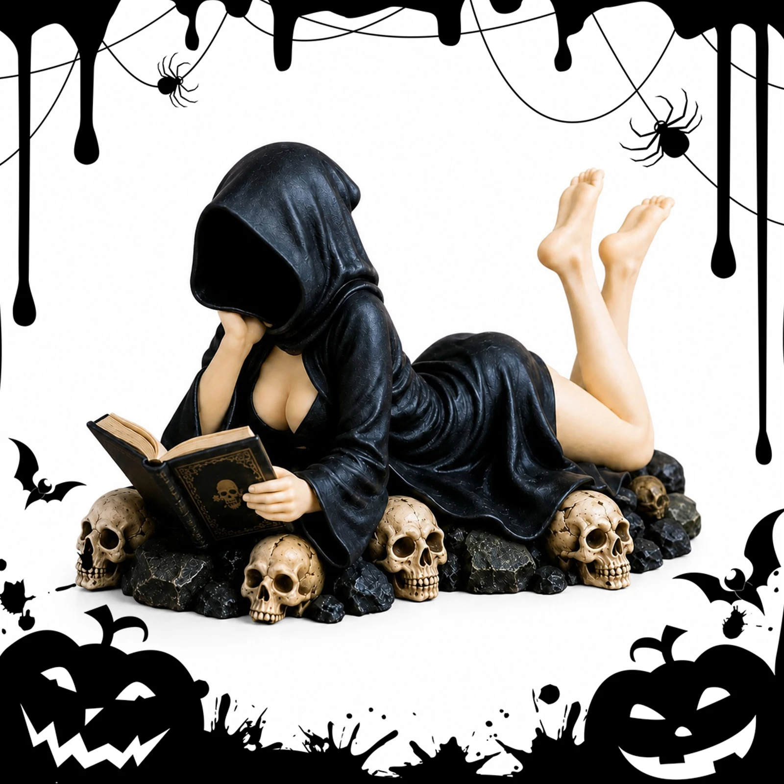 Gothic Dark Fantasy Figure Hooded Resin Grim Reaper Sculpture Fantasy Spooky Robed Figurine Decorative Desk Figure Ornament
