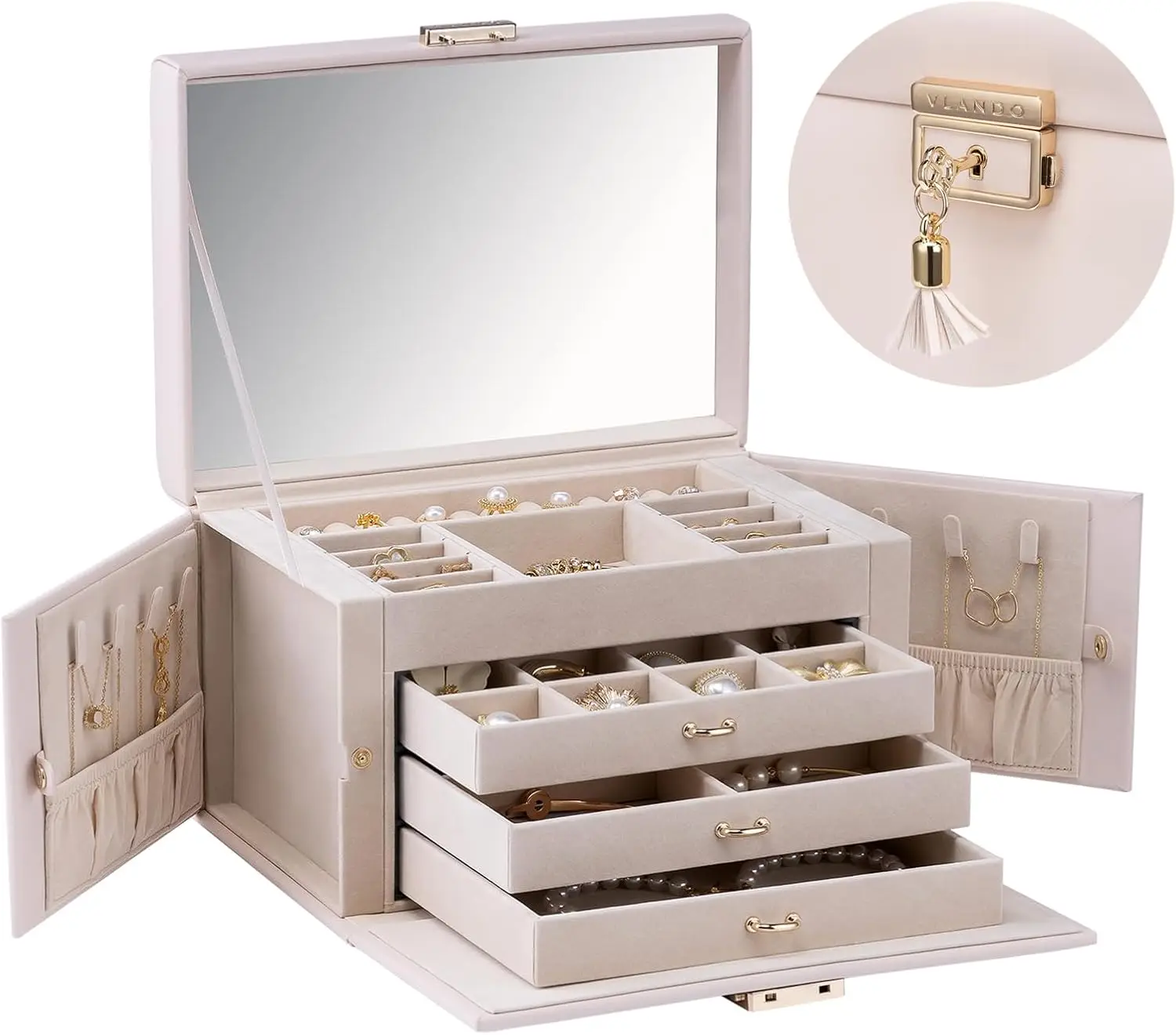 

Lockable 3-Tier Jewelry Box with Full HD Mirror, Pink Beige Storage Organizer for Necklaces Earrings Rings