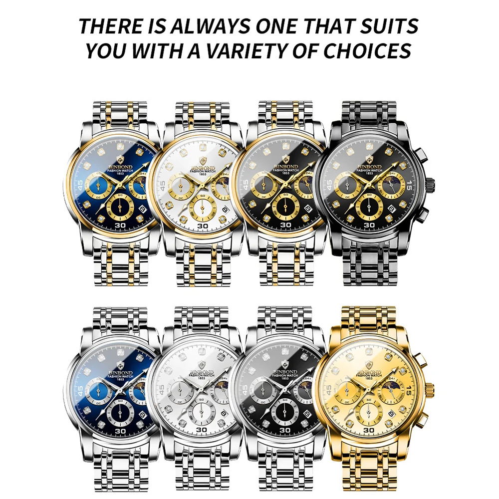 BINBOND Men's Watches Business Fashion Multifunctional Chronograph Moon Phase Date Waterproof Luminous Original Quartz Watch New