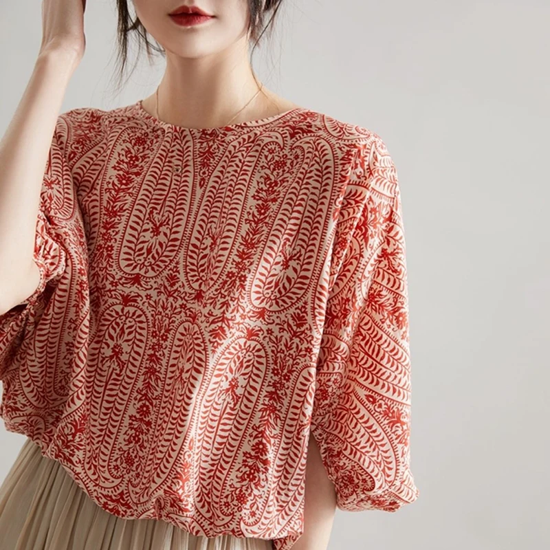 แฟชั่นหลวมพิมพ์โบว์แขน Batwing เสื้อผู้หญิงเสื้อผ้า 2025 ฤดูร้อนใหม่ Casual Pullovers Tops พับเสื้อ