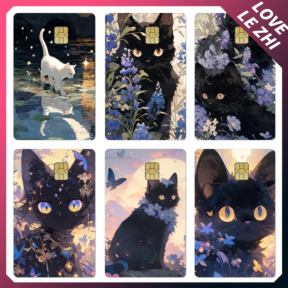

Cartoon Animals Credit Card Skin Film Cover Sticker Dreamy Starry Sky Purple Flowers Black Cat Pvc Diy Waterproof Sticker Gift
