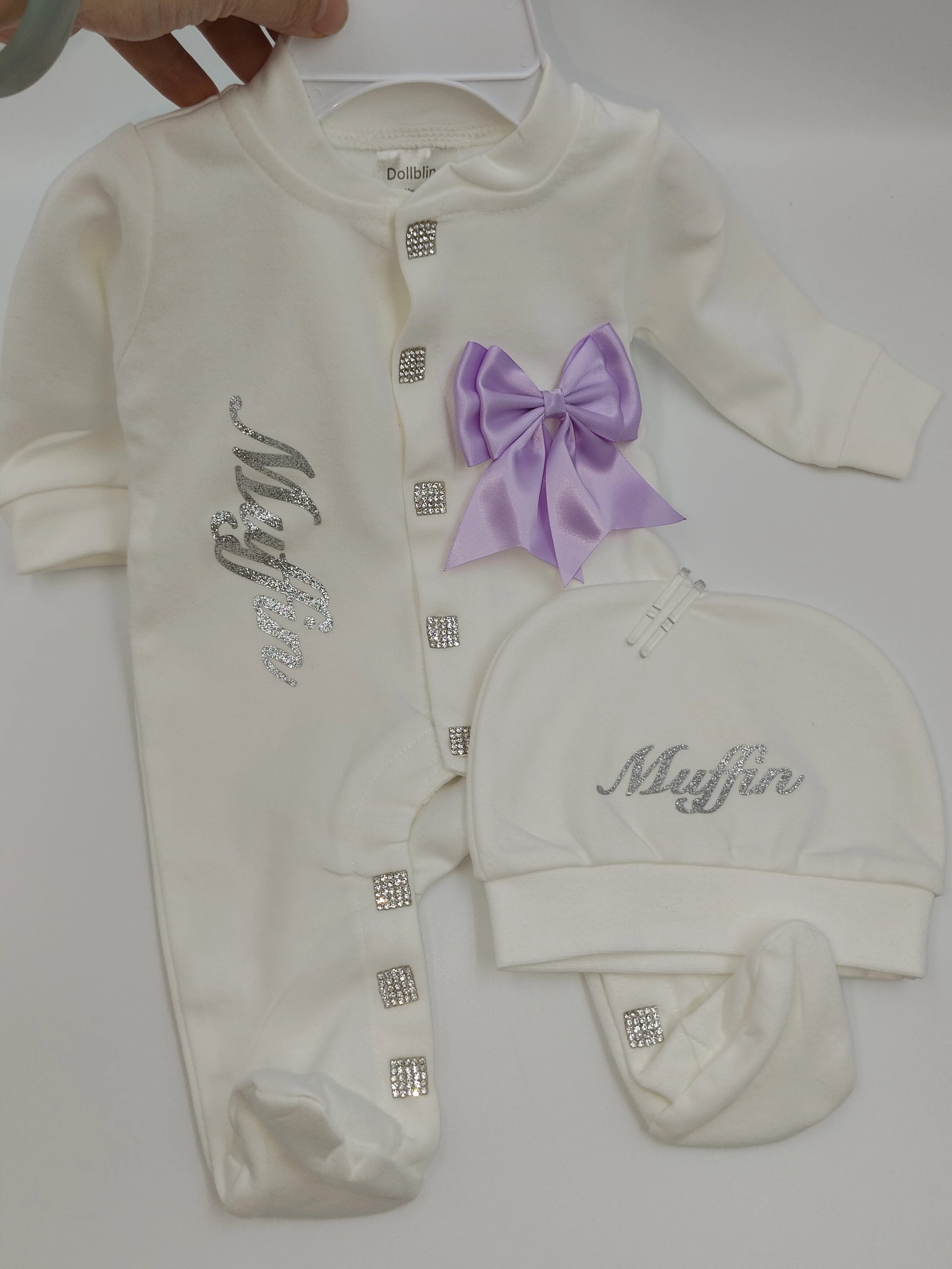 Custom Name Newborn Baby Girl Footed Pajamas Infant Bodysuit with Hat Bow and Rhinestone Soft Cute One Piece Jumpsuit for Photos