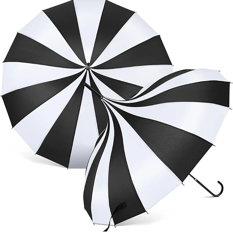 16K Straight Handle Wedding Umbrella - Black White Striped UV Protection Stylish Fashion Photography Props & Party Decor Umbre