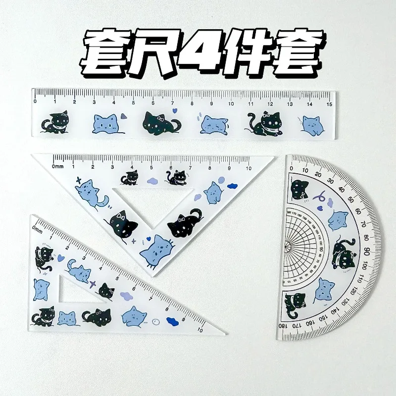 4Pcs Acrylic Ruler Set, Cute Cartoon Measuring Ruler Kit, Multifunctional Stationery Rulers for Student School Learning Supplies