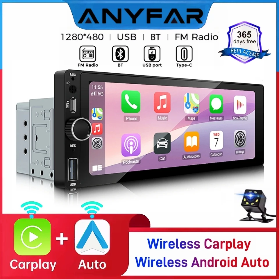 

ANYFAR 6.86" 1280*480 1 Din MP5 Player Car Radio Wireless Carplay Android Auto Multimedia Player 1Din FM Auto Radio Stereo