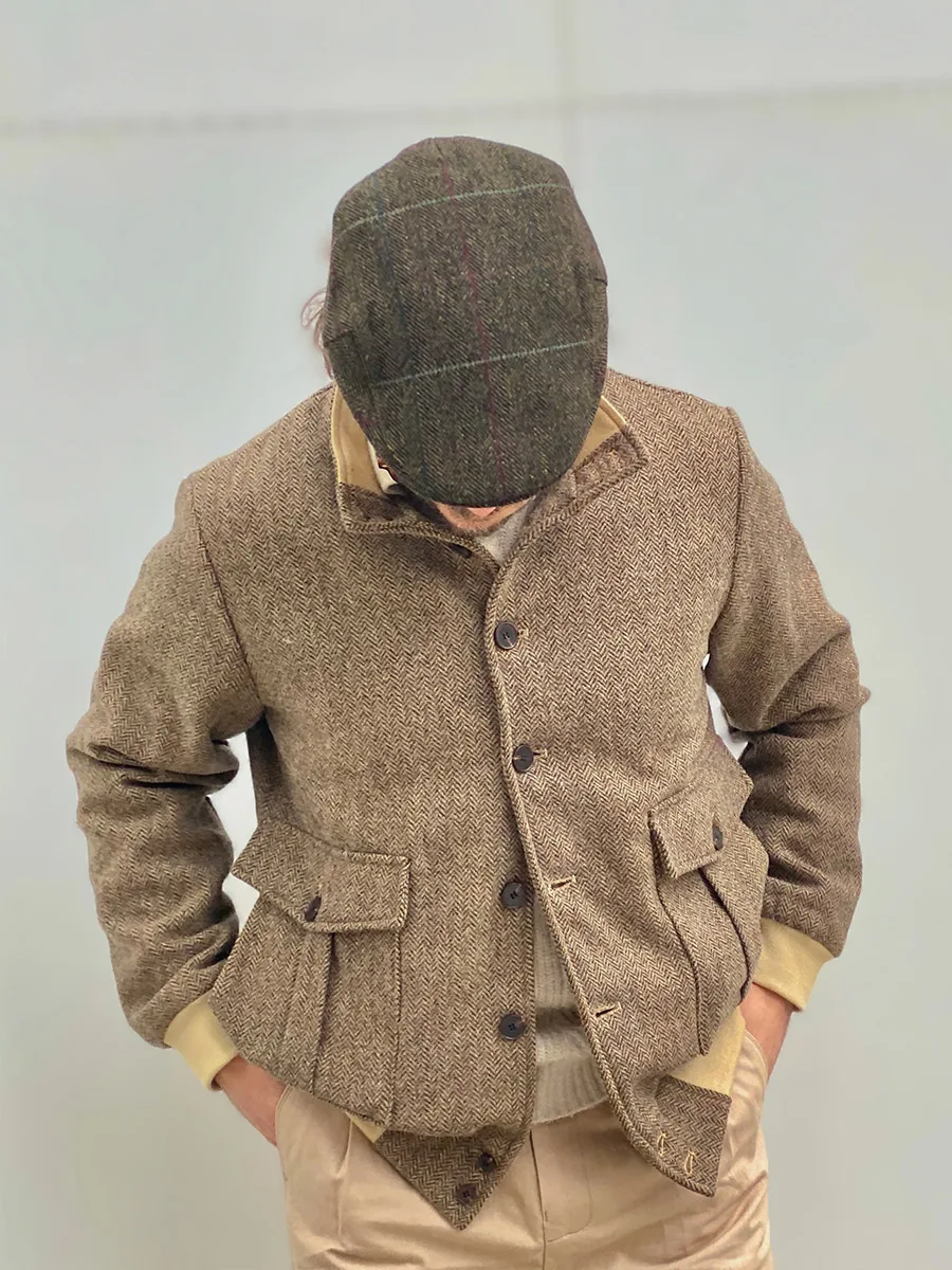 POT&CRAFTSMAN British Retro Pure Wool Herringbone Pattern Tweed A1 Flight Jacket Male Tide Slim Handsome Short Jacket Tide