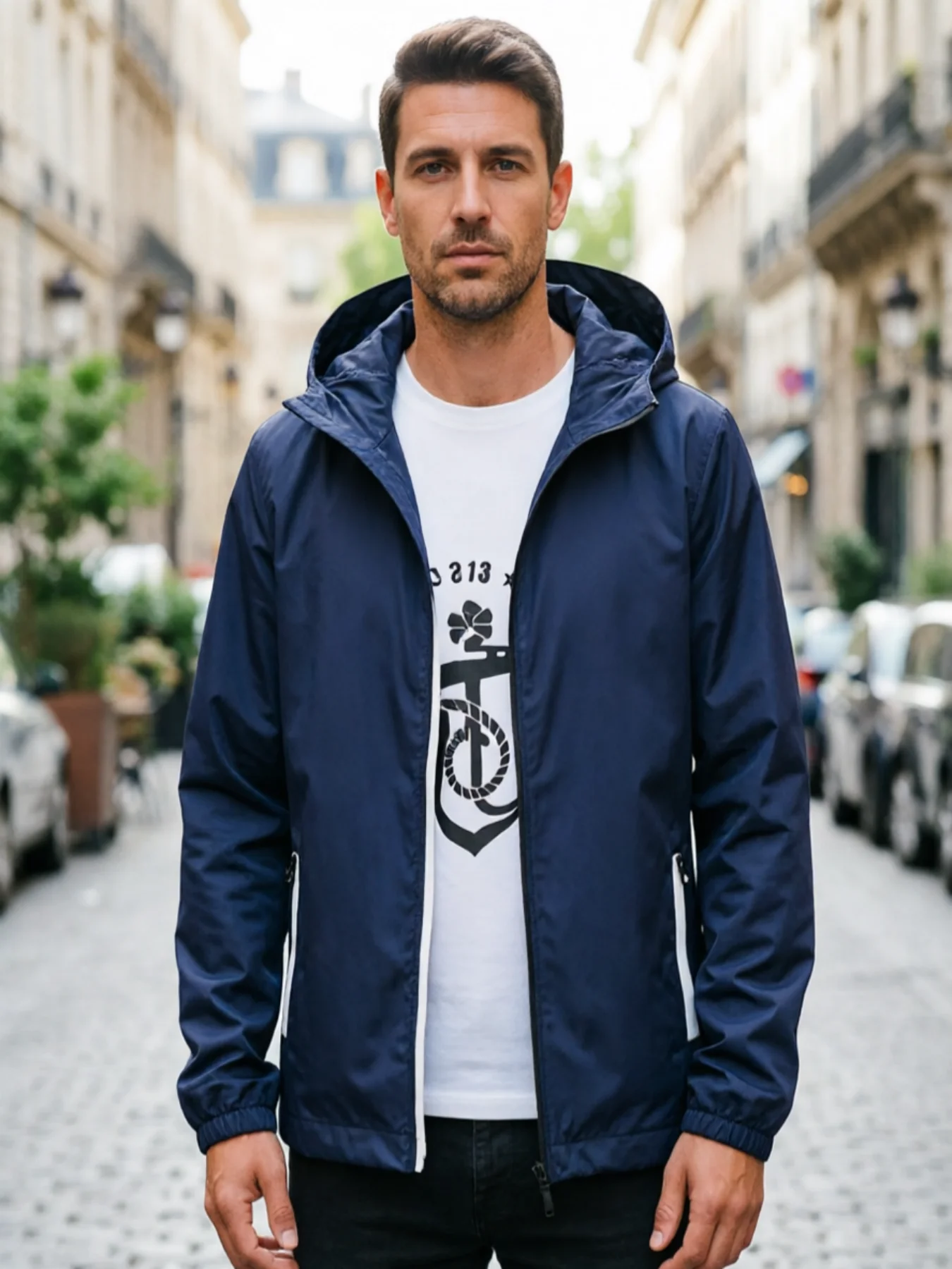 Spring Autumn Men's Casual Navy Hooded Jacket Lightweight Windbreaker Zip-Up Outdoor Coat