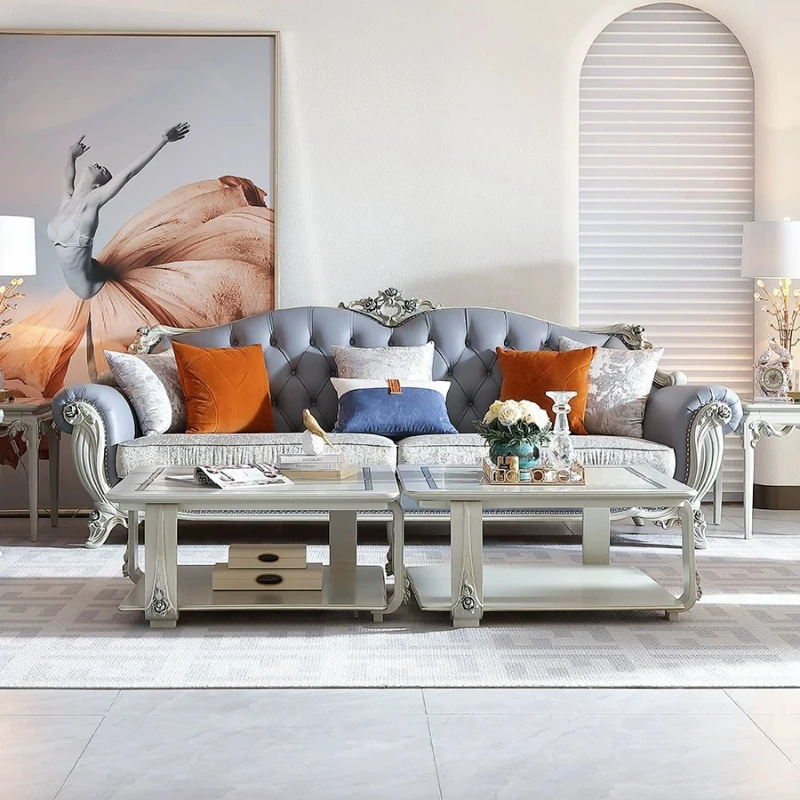 CX light luxury solid wood leather sofa European court carved villa large flat living room sofa
