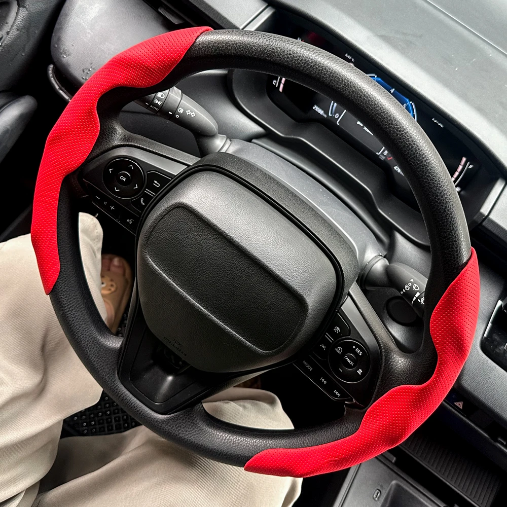 2 Stück Perforierte Leder-Lenkradbezüge, Atmungsaktiv, Rutschfest, Schweißabsorbierend, Universell für Autos, Auto-Zubehör – Detail 5