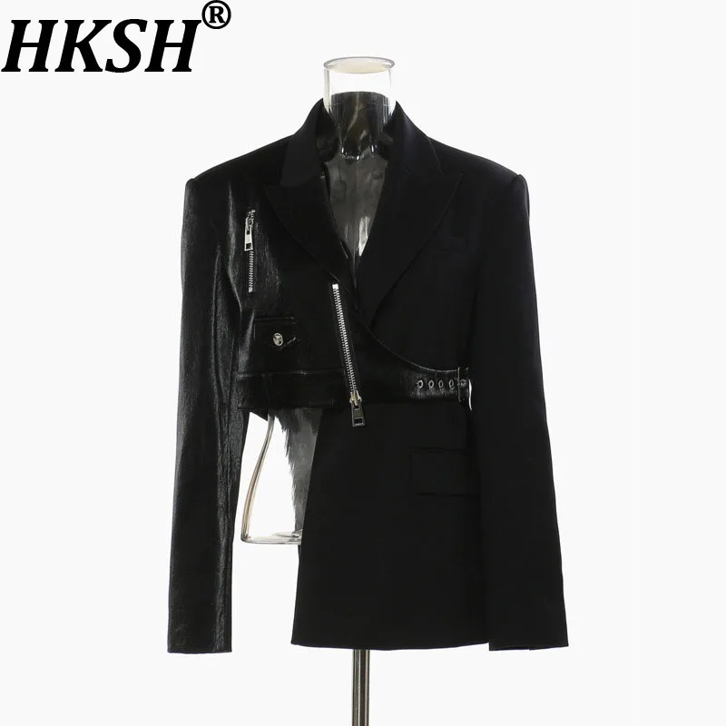

HKSH весенне-осенний новый женский пиджак асимметричный из искусственной кожи со шнуровкой и лацканами с длинными рукавами, темная уличная одежда, шикарная куртка HK12539