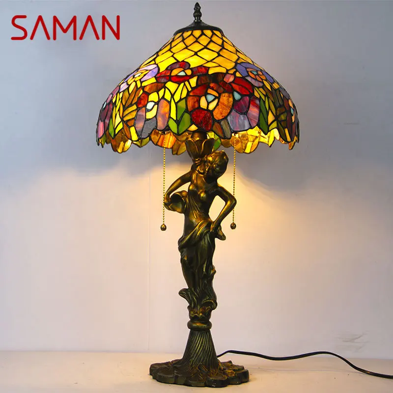 

SAMAN Tiffany Table Lamp LED Creative Exquisite Color Glass Desk Light Decor For Home Study Bedroom Hotel Bedside