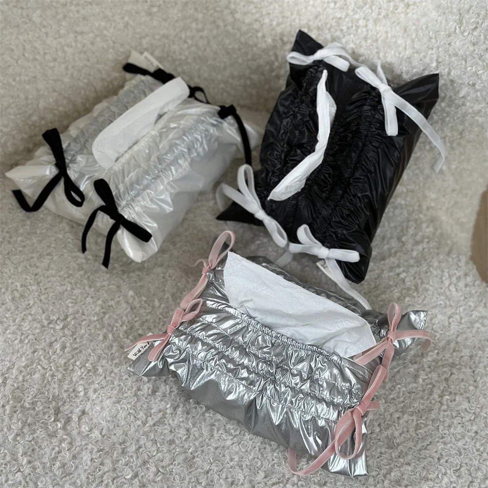 New and Popular Ballet Style Drawstring Fabric Tissue Box Creative Shiny Pleated Tissue Bag Bow Decorative Storage Bag