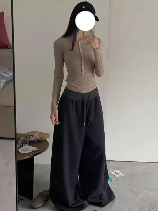 Reine Baumwolle Hohe Taille Breite Bein Casual Jazz Dance Hosen Trendy Frühling Herbst Sle Bequeme Lose Fit Gerade Bein Hosen