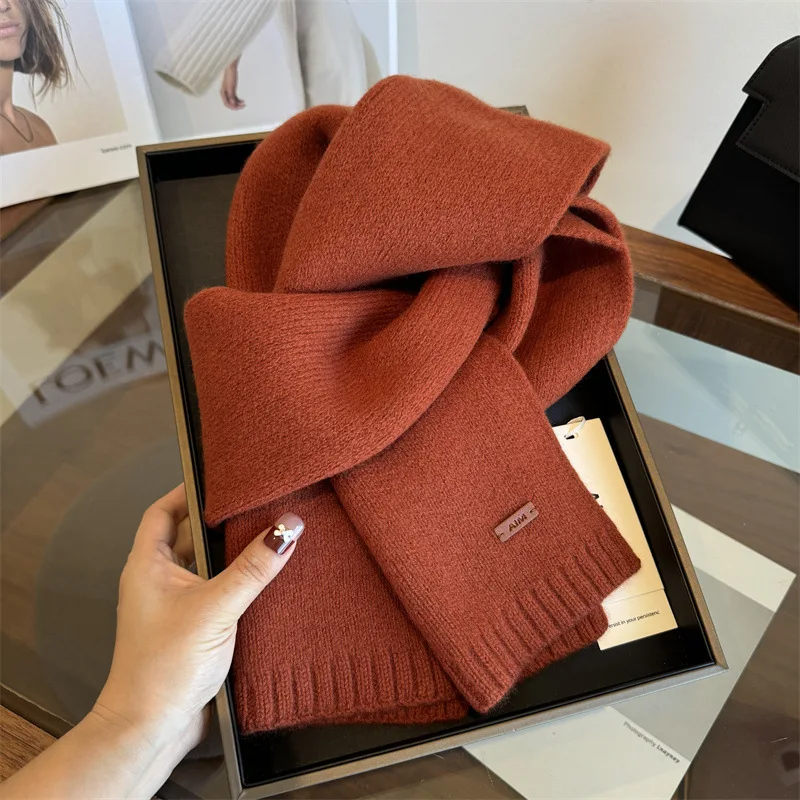 New Year Red 100% Cashmere Solid Color Thick Knitted Scarf Winter Warm Scarves Neckercheif Lady Korean Style Neck Tie Bandana