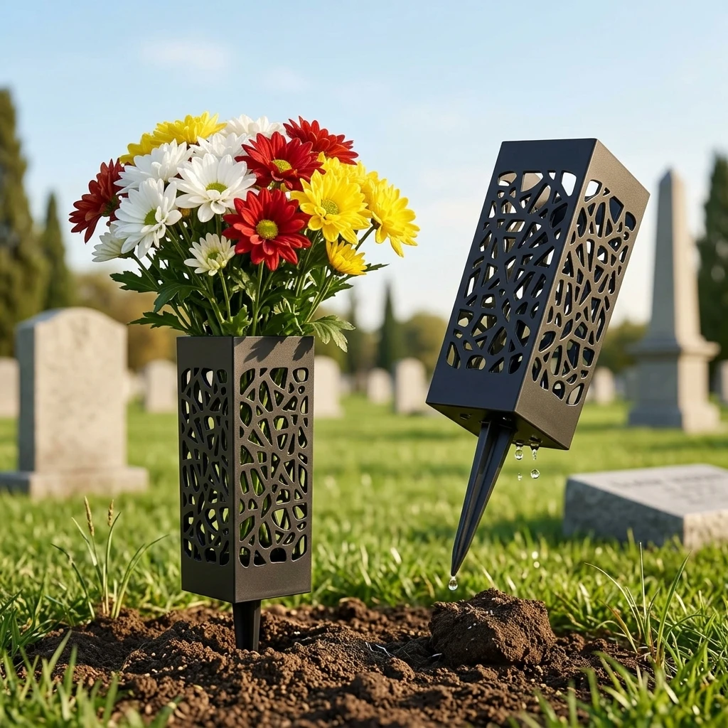 2Pcs Cemetery Vase Memorial Cemetery Vases with Stake Grave Flower Holder for Gravestone Grave Yard Ground Outdoor Flower Marker