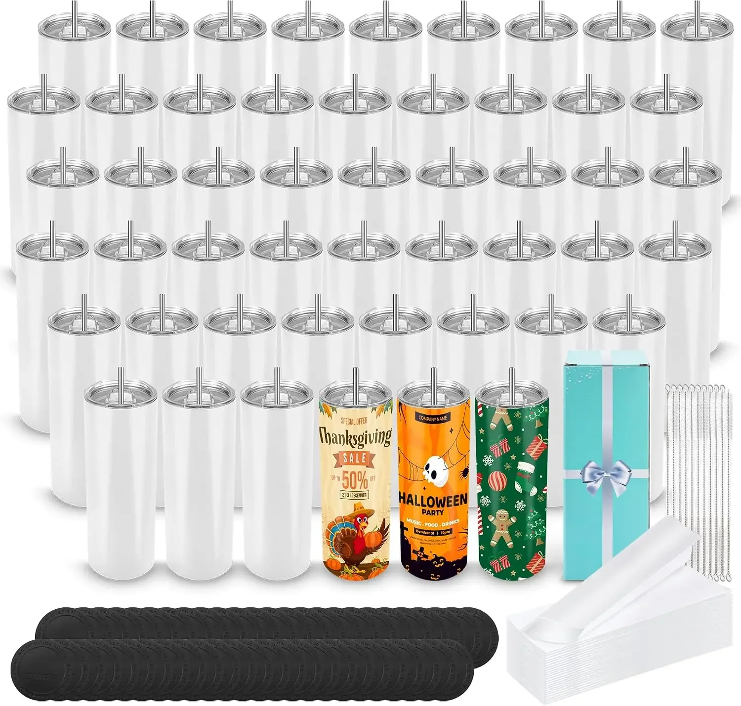 Sublimation Tumblers 20oz 50Pack Skinny Straight Tumblers with Gift Box | Flat Bottom Insulated Double Wall Vacuum Tumbler Cups