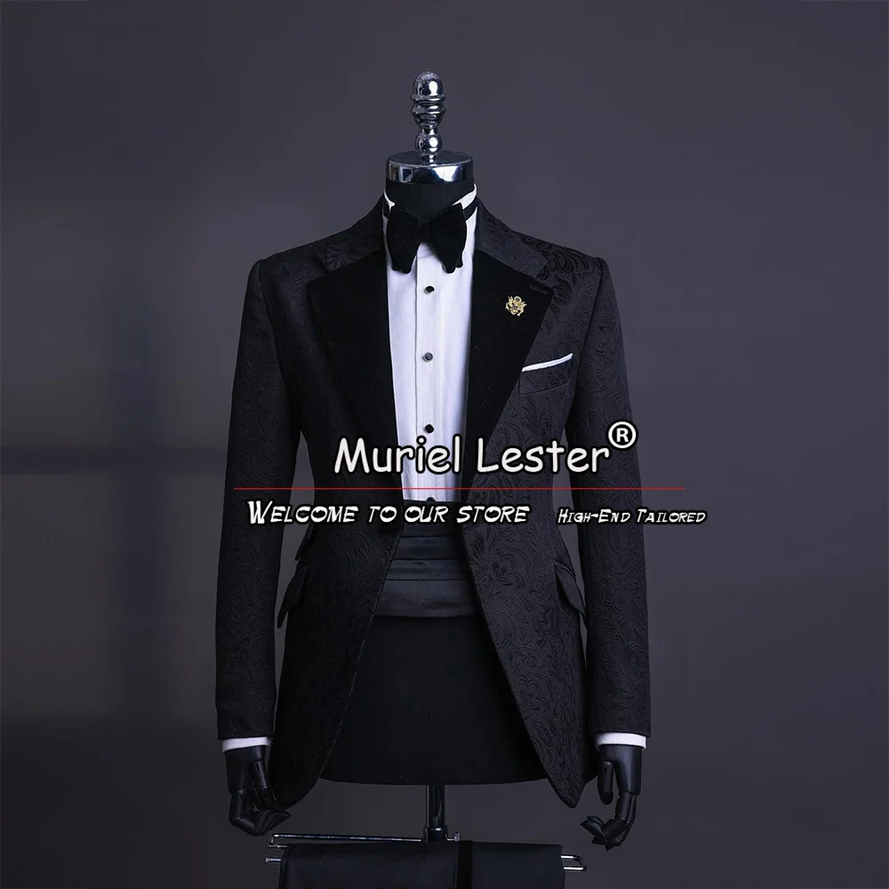 Formal Groom Wear Men Suits Black Peaked Lapel Jacquard Blazer Tailored 3 Pieces Boyfriend Tuxedo Plus Size Male Fashion Dress