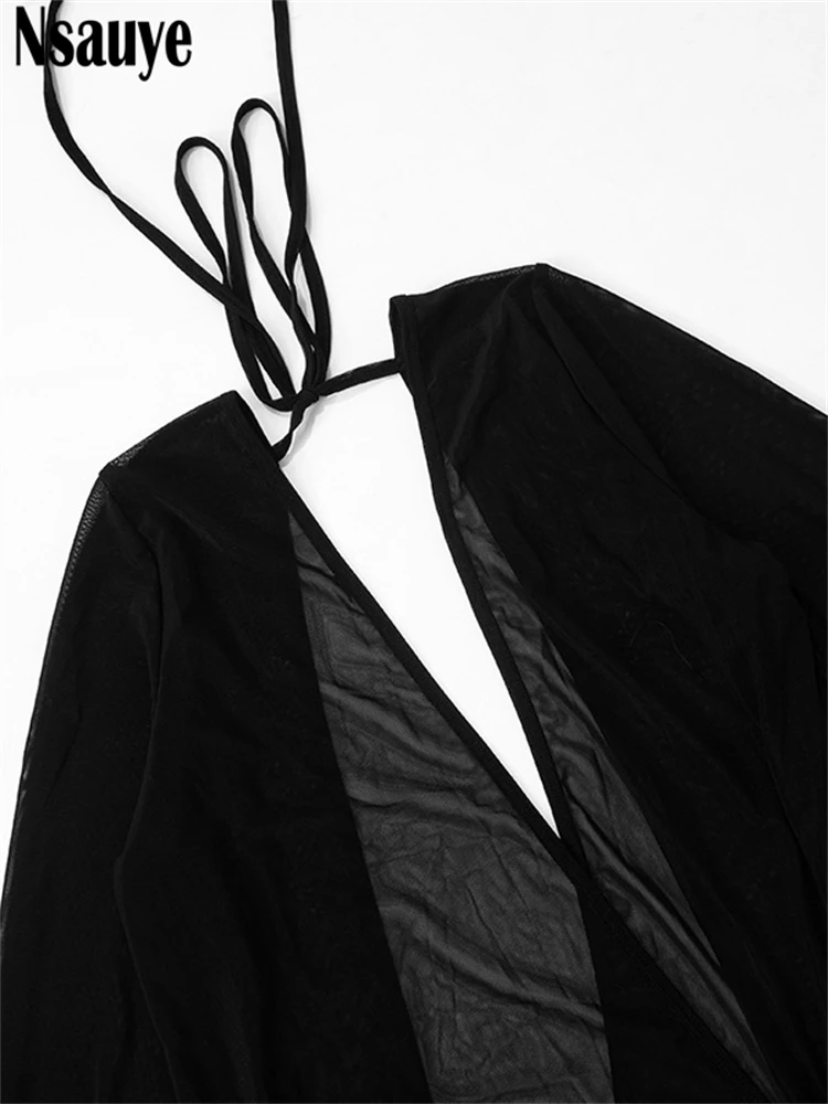 Nsauye Sexy Women Mesh Low Cut Out Fashion Summer New 2025 Mini Dress Backless Long Sleeve Evening Party Night Club Dress Outfit