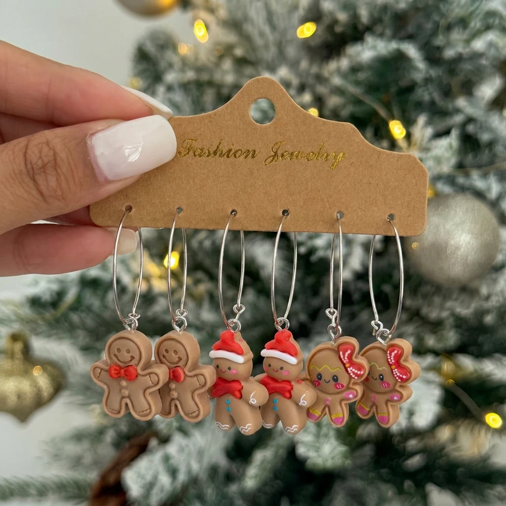 3 Paar große Kreisohrringe mit Lebkuchenmann-Motiv für Damen, einfache Ohrringe aus Kunstharz mit simulierten Keksen, Weihnachtsohrringe, Party-Schmuck, Geschenke – Detail 2
