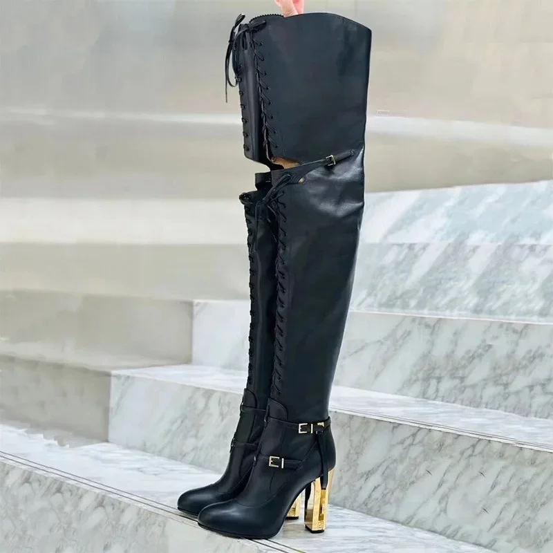 

Shoes Strappy Hollow Buckle Decoration Black Over Knee Women Boots 10cm High Heel Fashion Show Boots Size 43 Sexy Woman Shoes