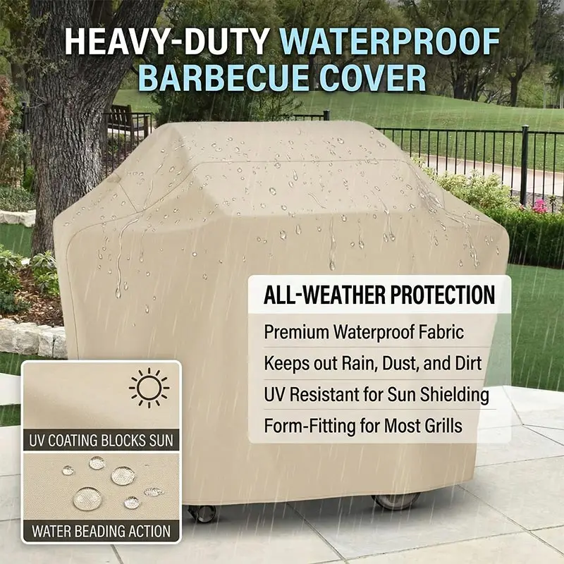 Beige 420D Oxford Cloth Barbecue Cover,Sunscreen/Rainproof/Dustproof Stove Cover,Courtyard BBQcover With Handle+Folding Rope
