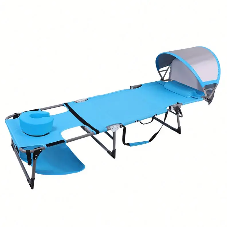 Folding Beach Lounge Chair Portable Camping Reclining Cot With Sun Canopy Adjustable Outdoor Travel Sunbathing Bed Lightweight