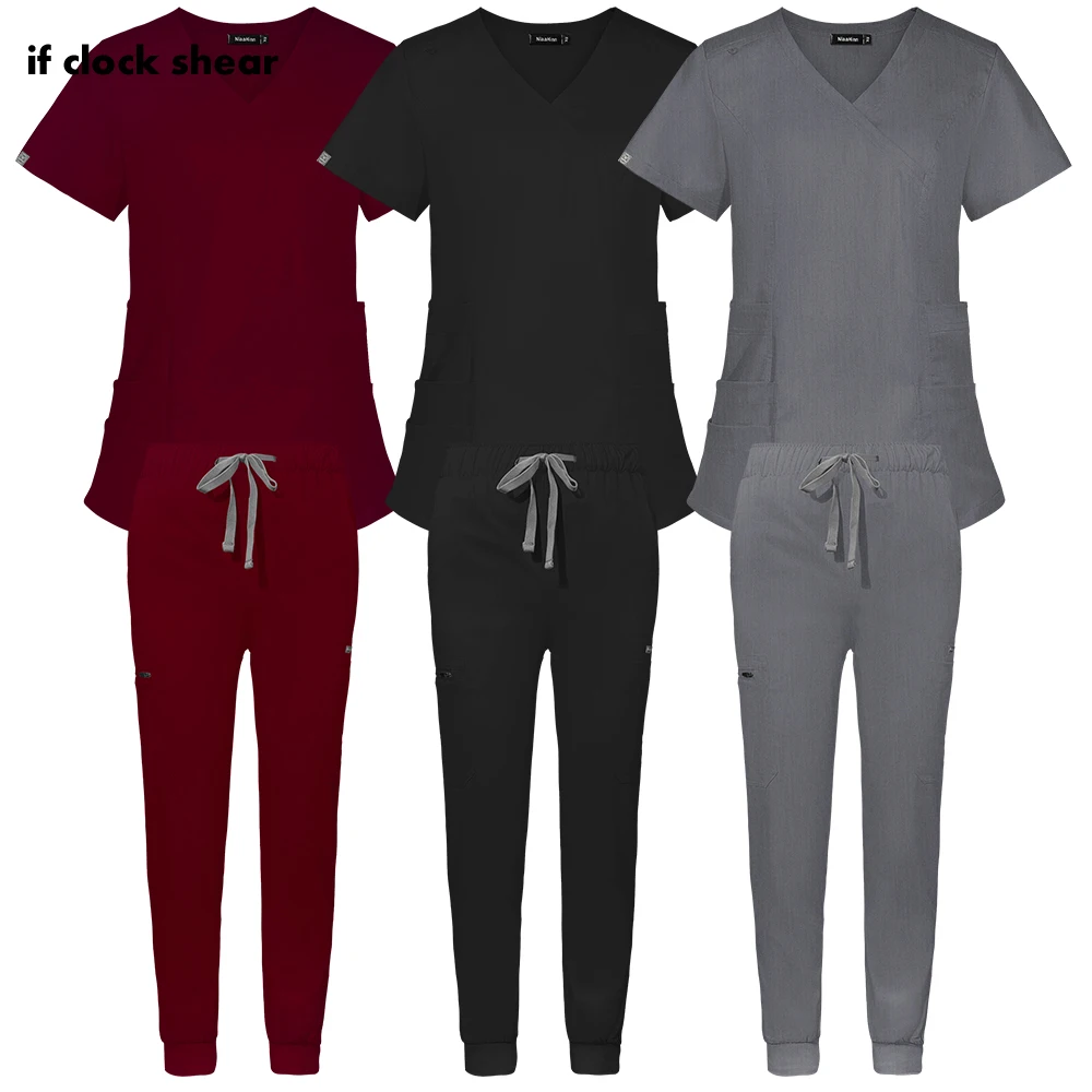 Unisex Solid Color Nursing Uniforms Multi Pocket Workers Suit Nurse Uniforms Men Short Sleeved Medical Scrubs Women Work Clothes