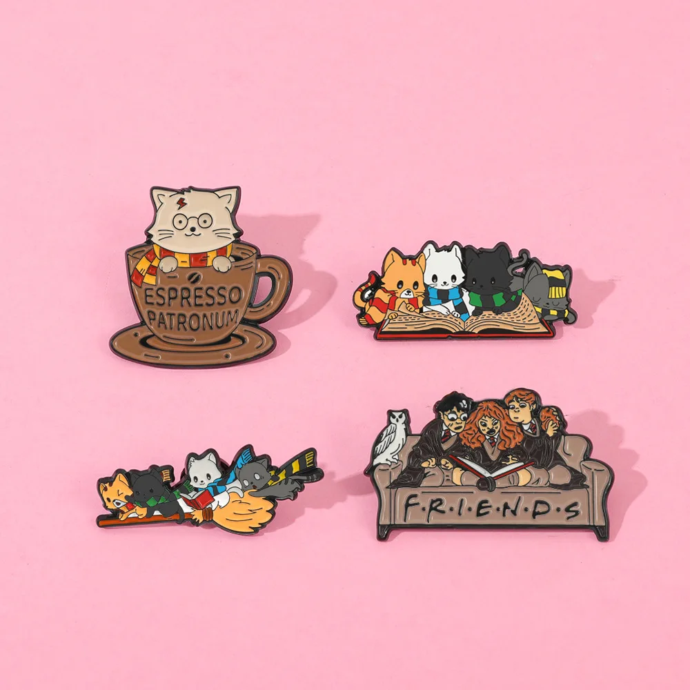 4pcs Cute Cartoon Creative Magic Academy Metal Badge Film and Television Novels Magical Characters Cat Alloy Brooch Accessories