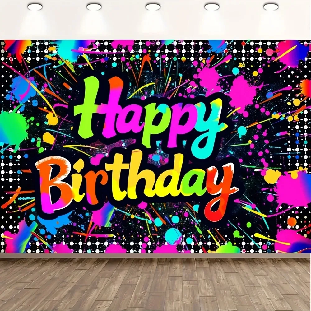 خلفية لافتة عيد ميلاد جرافيتي نافورة نيون حية، احتفال بعيد ميلاد سعيد، خلفية تصوير لتزيين نشاط الحديقة #1