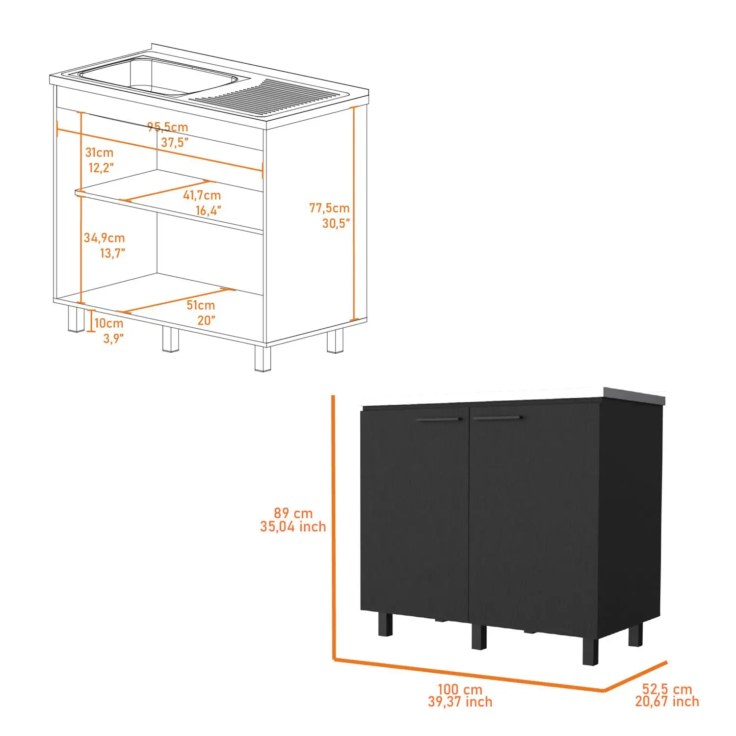 Kitchen Wall Cabinet & Utility Sink 2-Piece Set, Black, Customized