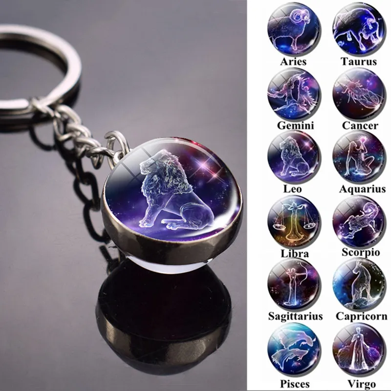 Unisex 12 Constellation Keychain Sphere Crystal Key Rings Scorpio Aquarius Leo Aries Constellation Birthday Gifts Jewelry