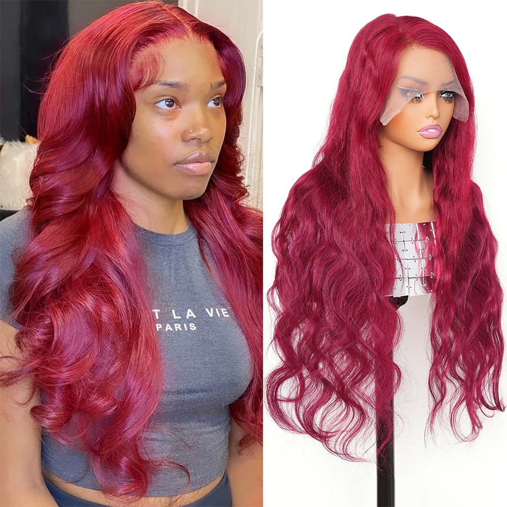 38 بوصة 99J بورجوندي الدانتيل الجبهة الباروكات 13x6 الجسم موجة الدانتيل الجبهة الباروكات شعر الإنسان قبل قطعها النبيذ الأحمر غلويليس الباروكات الأمامية