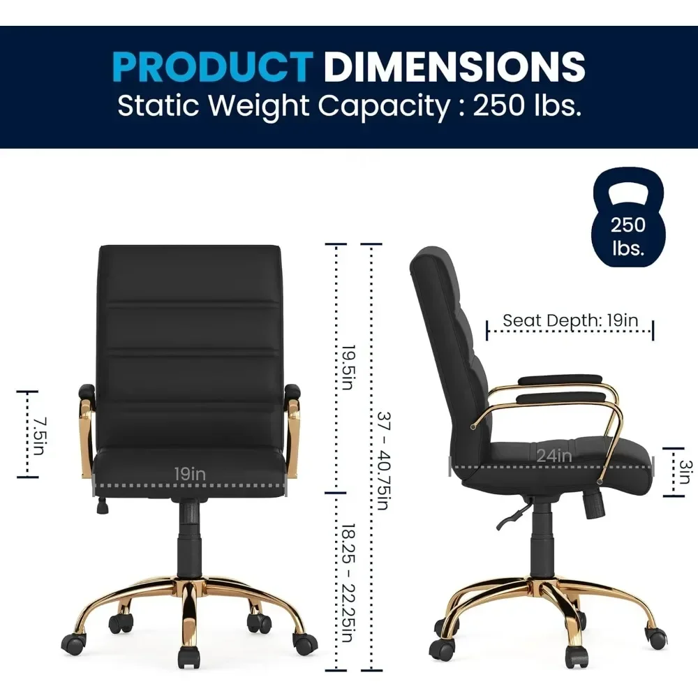 كرسي مكتب ويتني متوسط الظهر - كرسي مكتب دوار تنفيذي من الجلد باللون الأسود مع إطار ذهبي - كرسي بذراع دوار، 24Dx23Wx40.75H #3