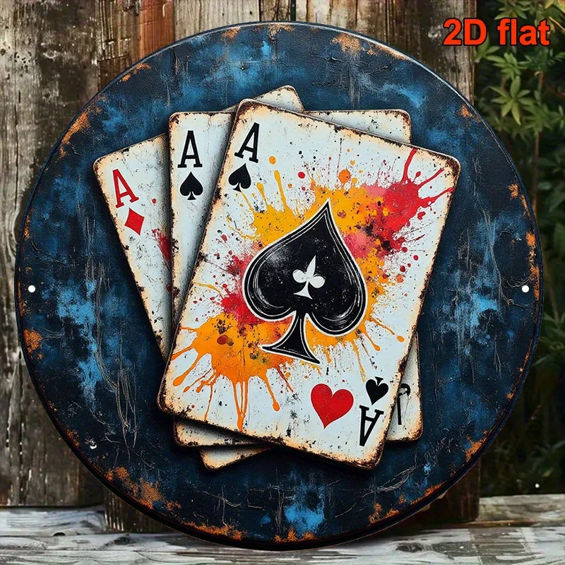 Aluminum Plate Wall Art, Retro Poker Card Metal Sign, 8 Inch Round Ace of Spades, Vintage Bar Game Room Decor, Protective Sleeve