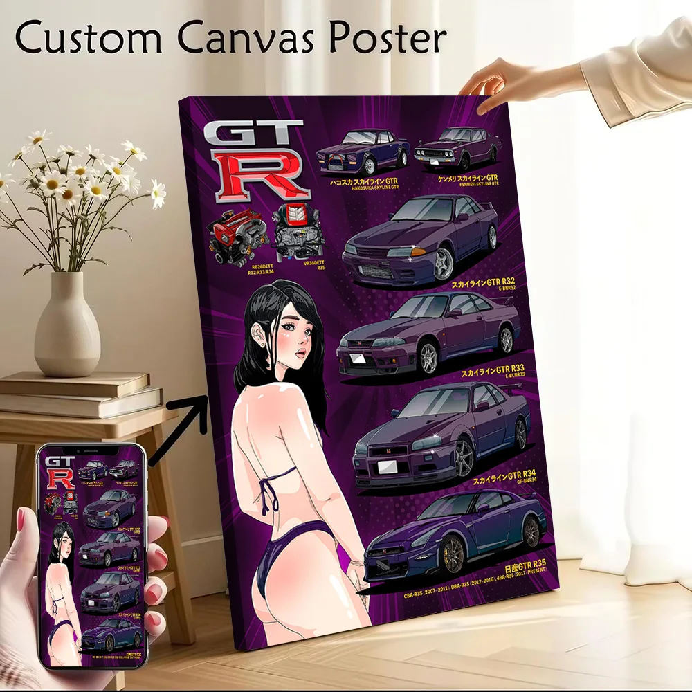Japanese Car Skyline GTR Evolution Printed Canvas Poster Custom Pictures Wall Art Canvas Painting for Room Decoration Gaming