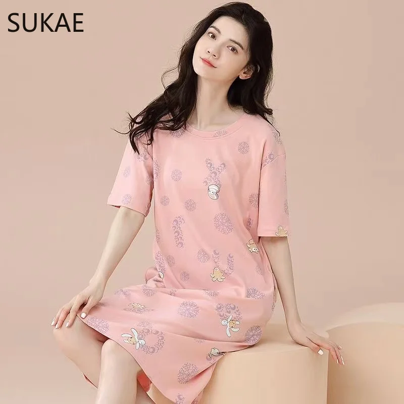 SUKAE Plus Size M-5XL Woman Nightdress Summer Women Sleepshirt 100% Polyester Milk Silk Short Sleeves Sleep Top Casual Sleepwear