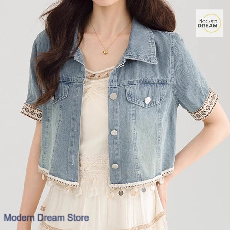 French fashion chic loose denim short coat women spring and summer embroidery ethnic lace fringed cardigan short sleeve blouse