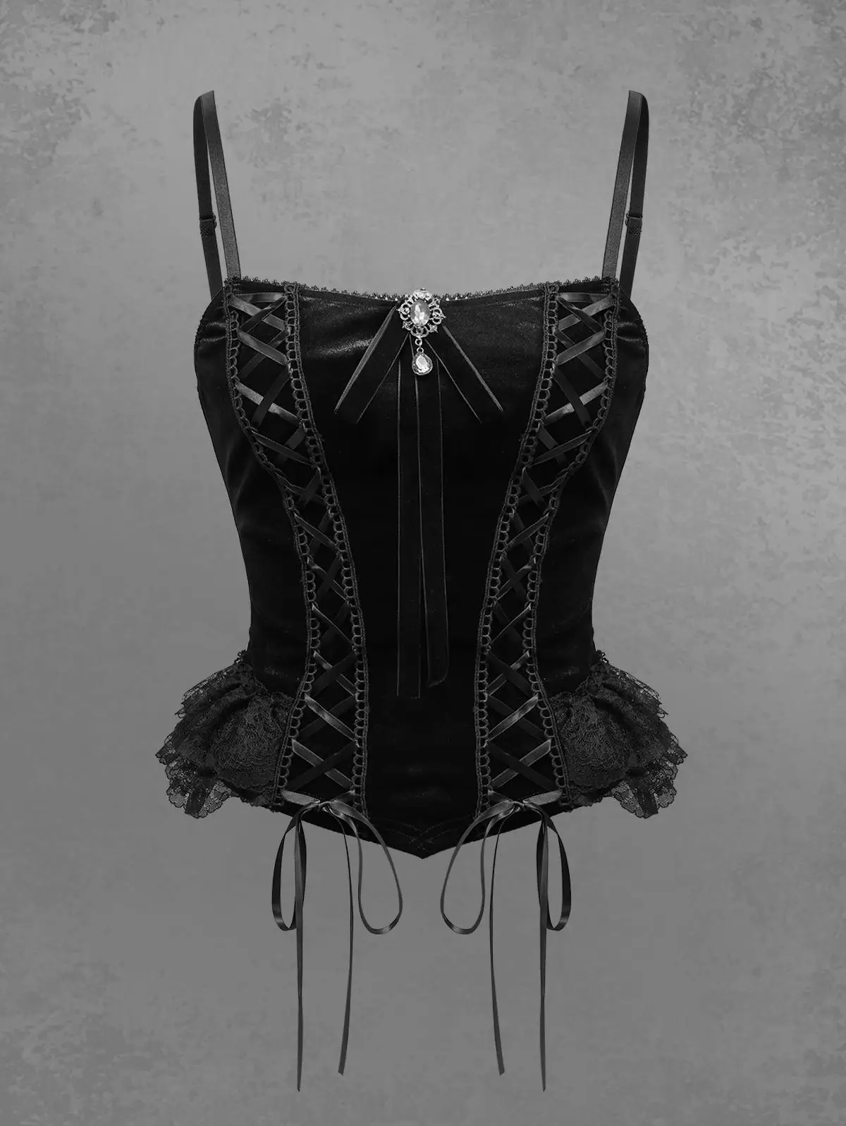 

Gothic Floral Lace Trim Ruffles Lace-up Cami Top Women Summer Black High Stretch Spaghetti Strap Vest