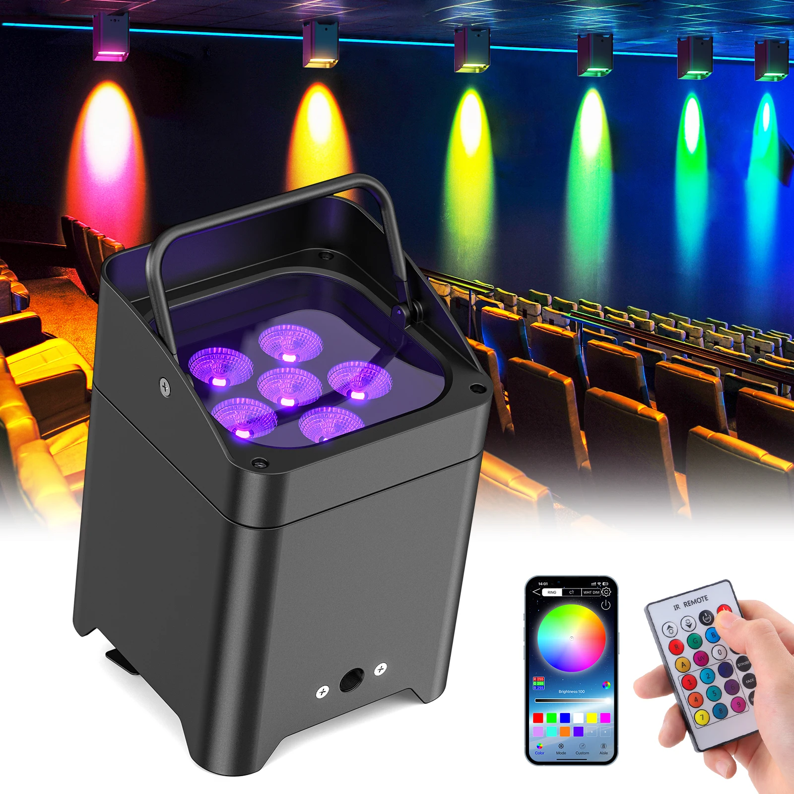 U'King 4 Stück 6x18W 6IN1 Kabelloses Par-Licht RGBAW+UV LED Batterie-Bühnenlicht Kabellose Fernbedienung DMX512 Par-Licht für DJ-Shows