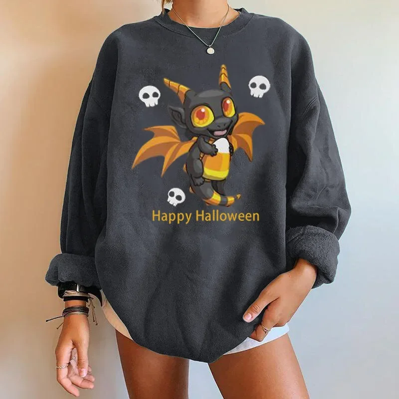 Sweatshirts Women Halloween Dinosaur Festive Clothing O-Neck Loose Casual Plush Pullovers Autumn Winter Chic Warm Tops Outwears