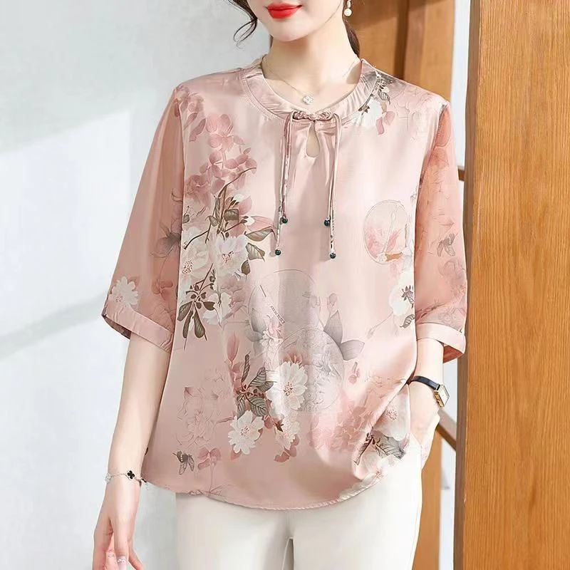 Women Button Summer Short Sleeved Silk Blouse Women's Elegant Loose Top Flower Retro Print New T-shirt Plus Size Shirt Tops