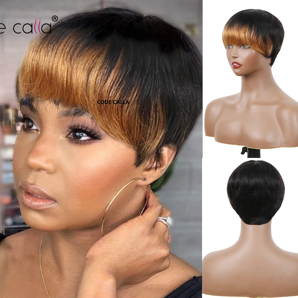 Perruque Naturelle avec Frange pour Femme Noire, Cheveux Courts et Lisses, Coupe Pixie, 9A