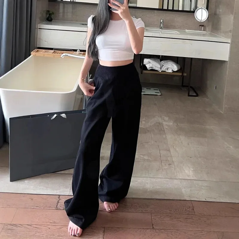 Women High Waist Knit Patchwork Fleece Lined Wide Leg Stacking Pants Elegant Slim Fit Winter Trousers Old Money Style Warm