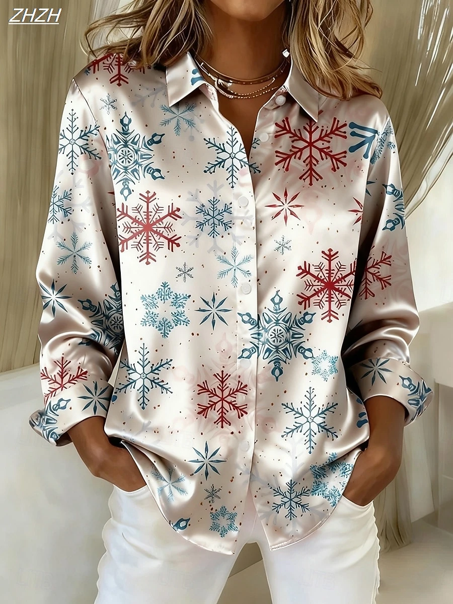 Christmas Women's Shirt Graphic Snowflake Vintage Stylish Modern Long Sleeve Shirt Collar Regular Tops Dailywear Fall Winter